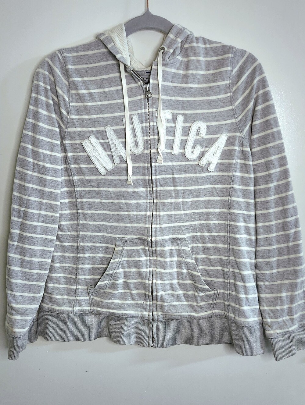 Nautica Striped Zip Hoodie Sweater Large Y2K Preppy Coastal Collegiate Gray